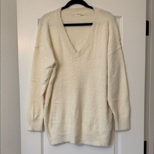 Anthropologie Fuzzy Cream Oversize V-Neck Sweater